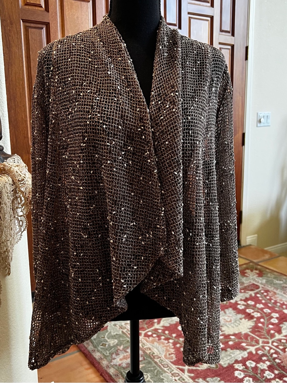 Lulu-B Brown Metallic Open-Weave Cardigan